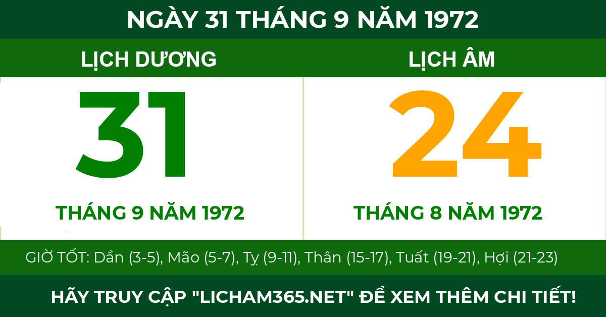 lịch âm ngày 31 tháng 9 năm 1972