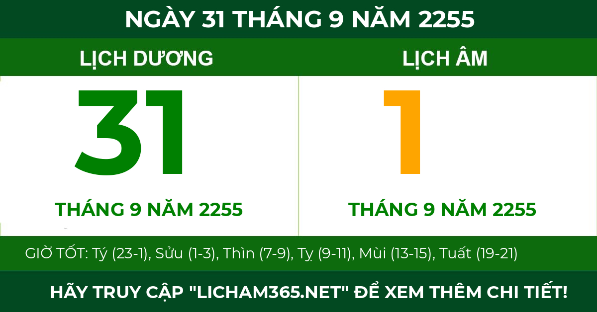 lịch âm ngày 31 tháng 9 năm 2255