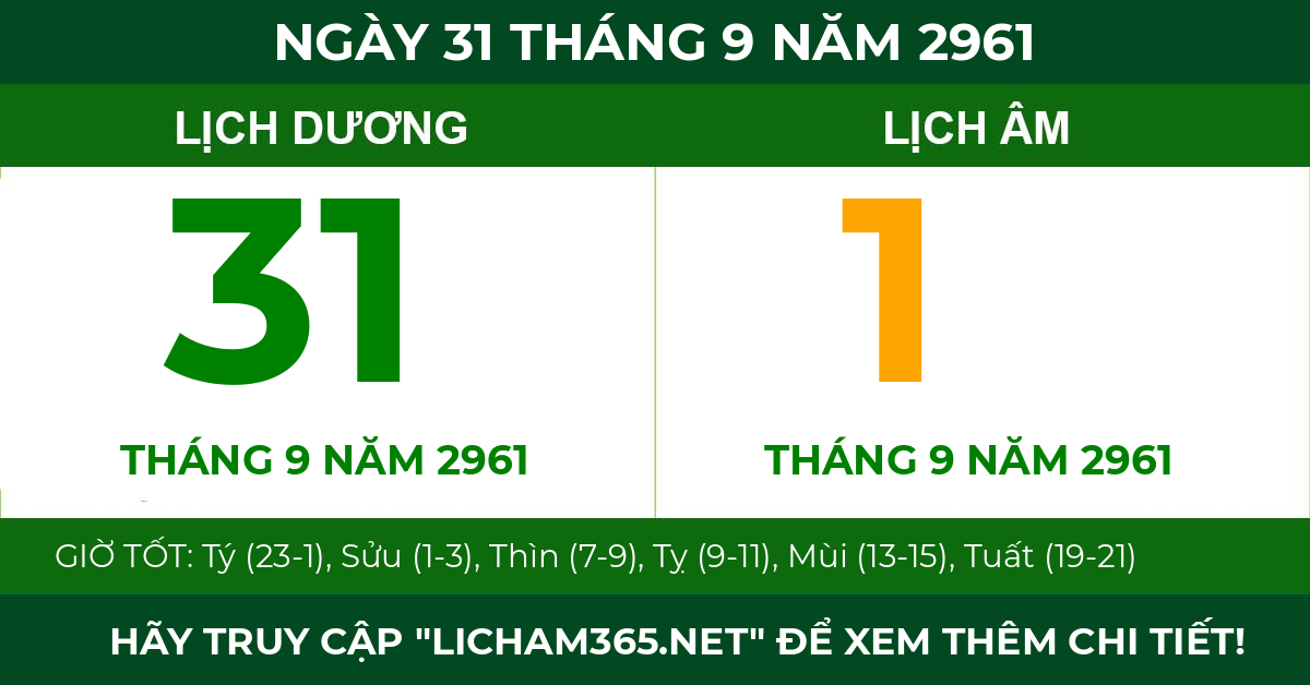 lịch âm ngày 31 tháng 9 năm 2961