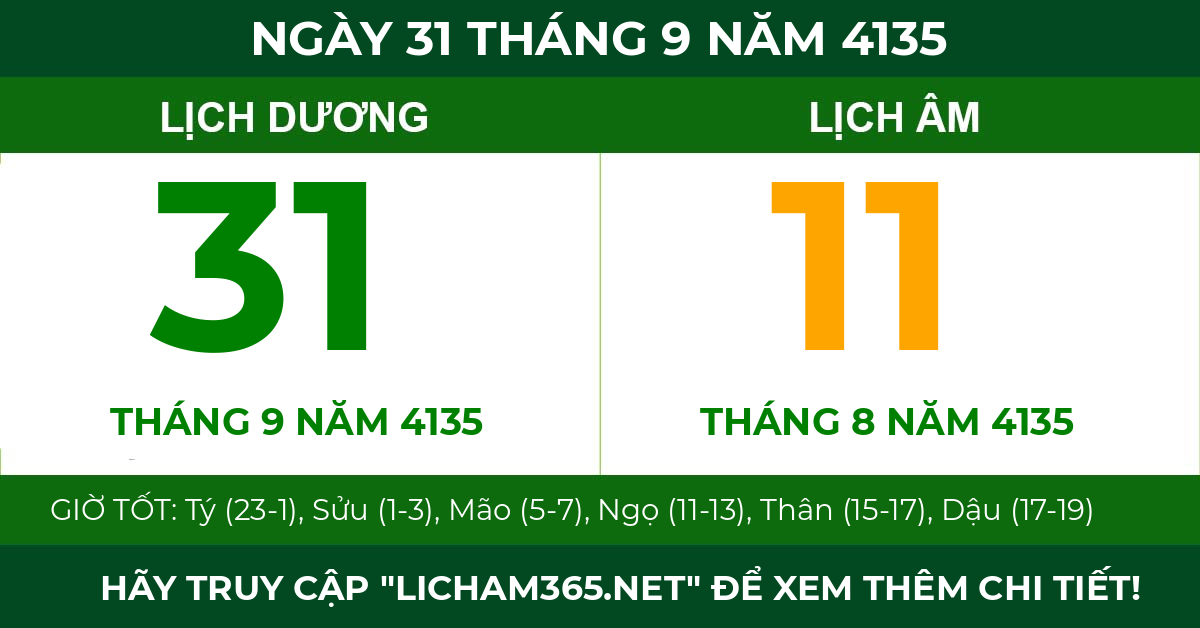 lịch âm ngày 31 tháng 9 năm 4135