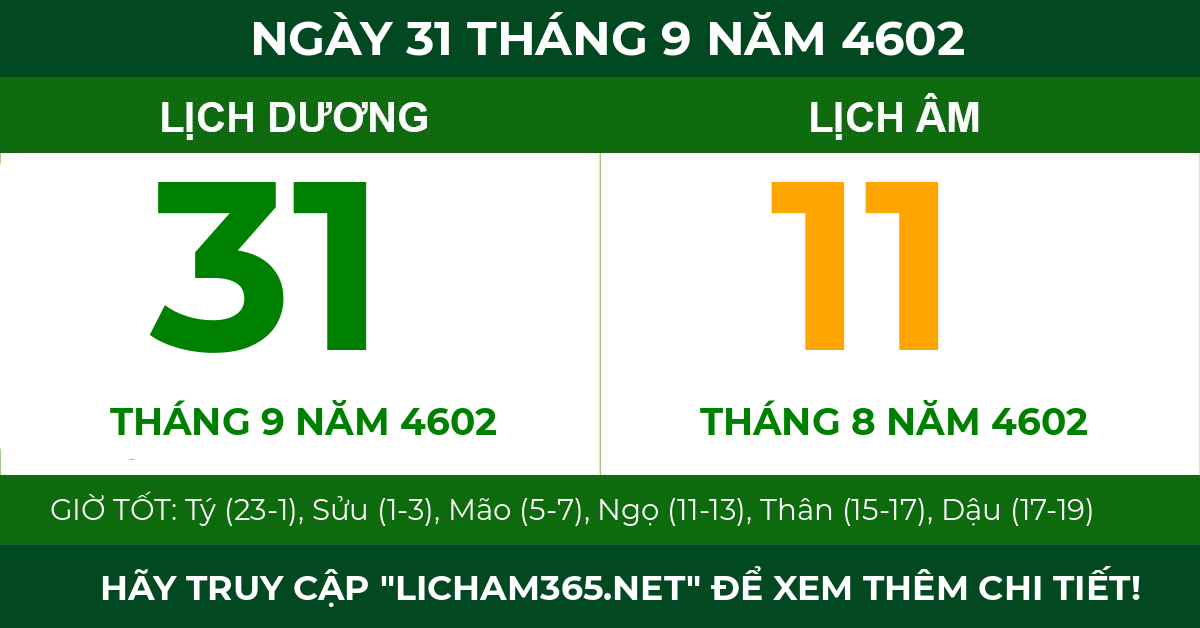 lịch âm ngày 31 tháng 9 năm 4602