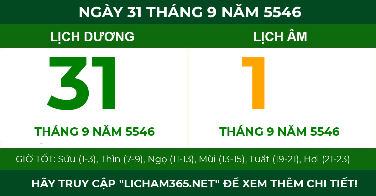 lịch âm ngày 31 tháng 9 năm 5546