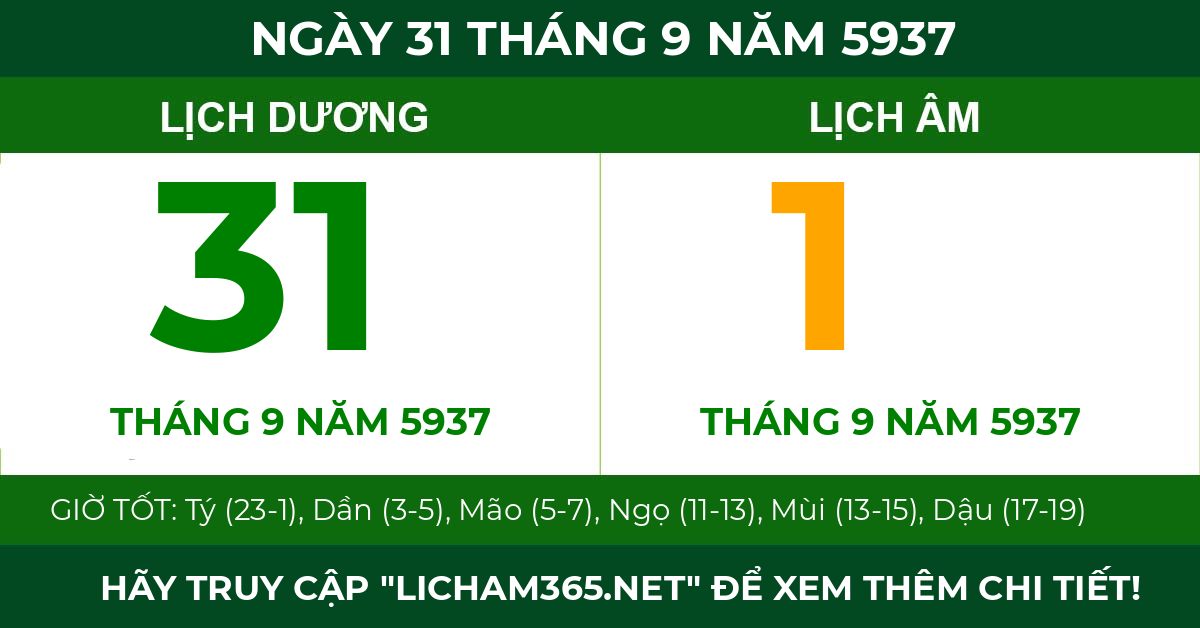 lịch âm ngày 31 tháng 9 năm 5937