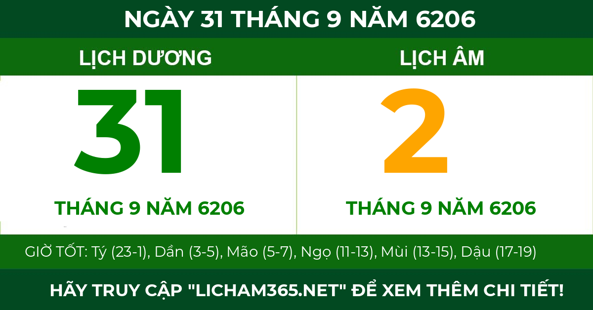 lịch âm ngày 31 tháng 9 năm 6206
