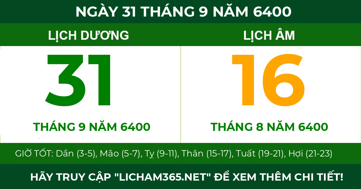 lịch âm ngày 31 tháng 9 năm 6400