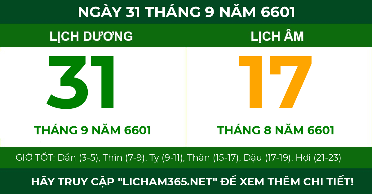 lịch âm ngày 31 tháng 9 năm 6601