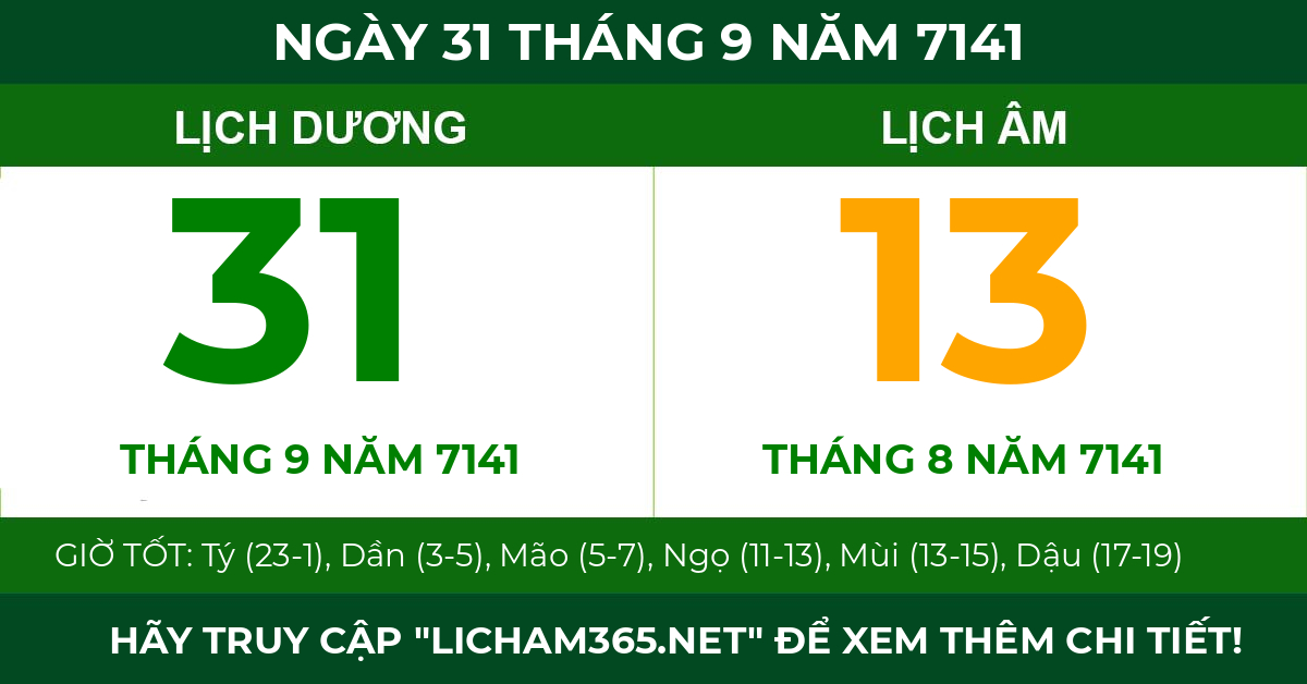 lịch âm ngày 31 tháng 9 năm 7141