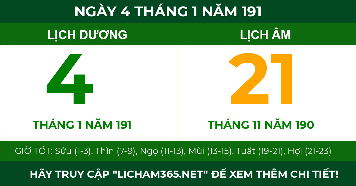 lịch âm ngày 4 tháng 1 năm 191