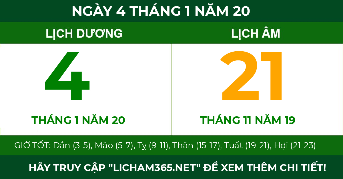 lịch âm ngày 4 tháng 1 năm 20