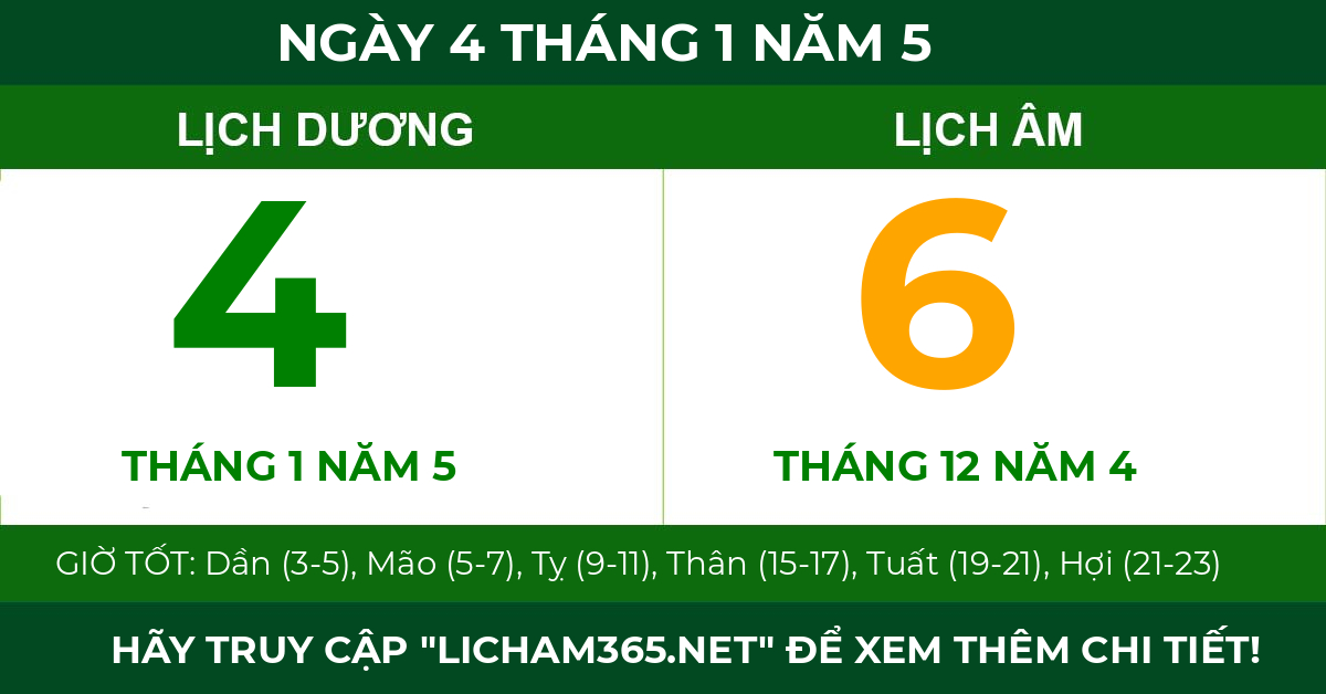 lịch âm ngày 4 tháng 1 năm 5