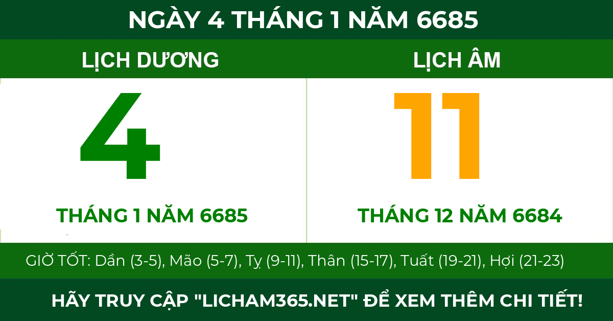 lịch âm ngày 4 tháng 1 năm 6685