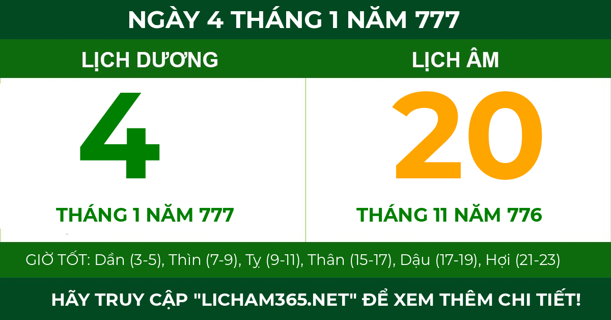 lịch âm ngày 4 tháng 1 năm 777