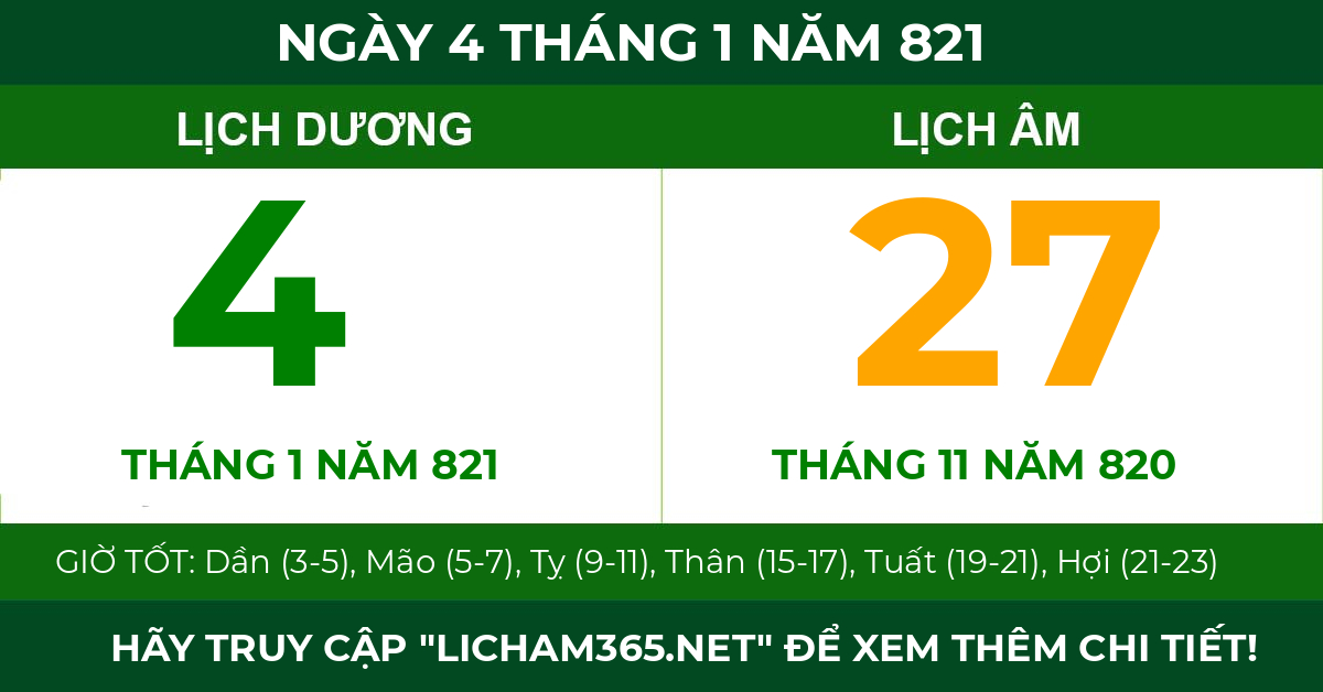 lịch âm ngày 4 tháng 1 năm 821