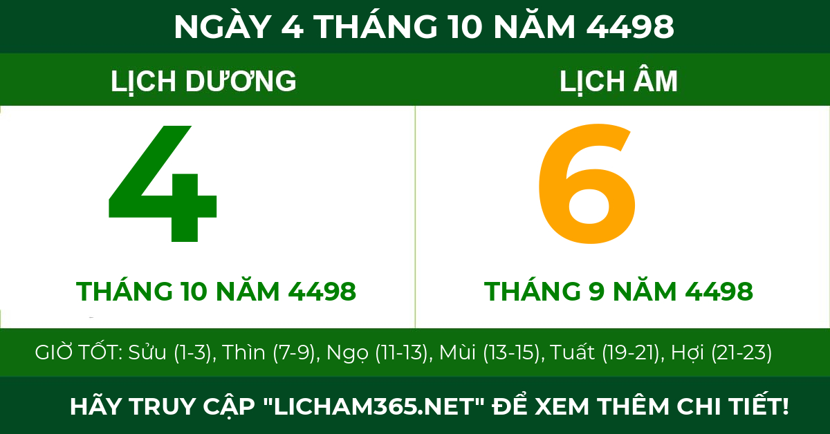 lịch âm ngày 4 tháng 10 năm 4498