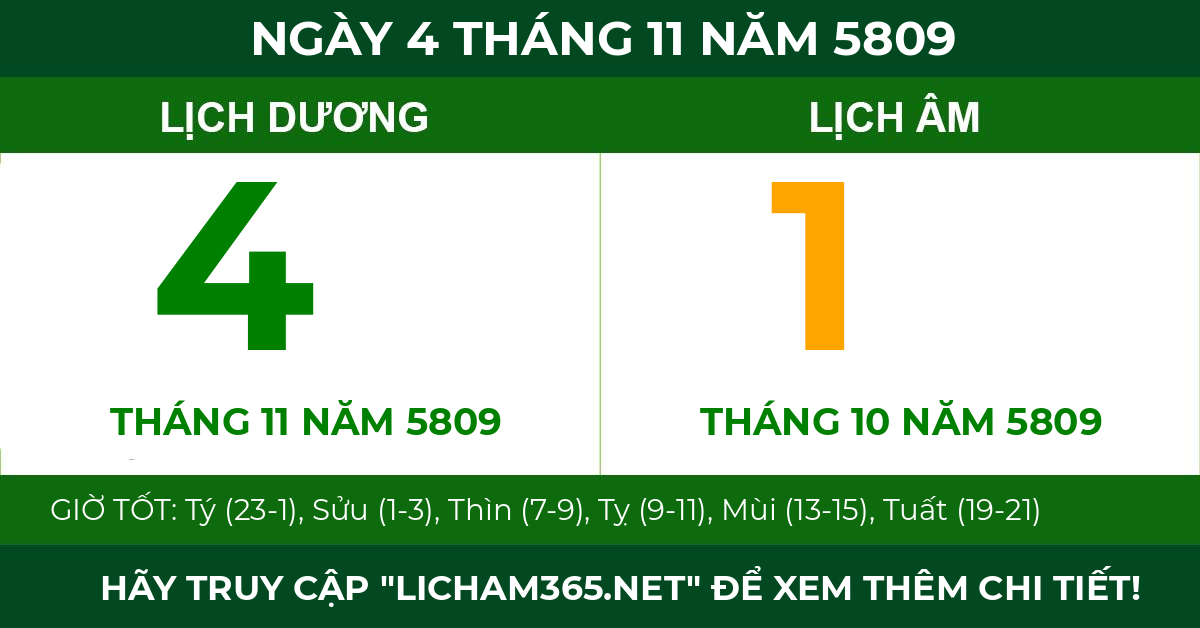 lịch âm ngày 4 tháng 11 năm 5809