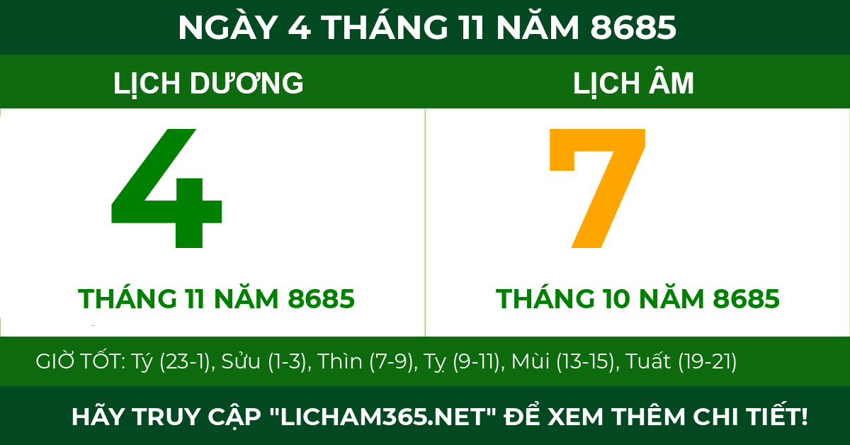 lịch âm ngày 4 tháng 11 năm 8685