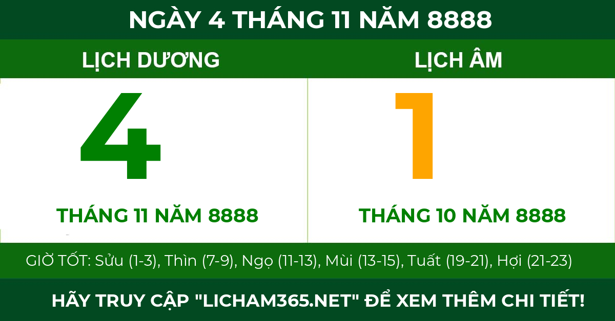 lịch âm ngày 4 tháng 11 năm 8888