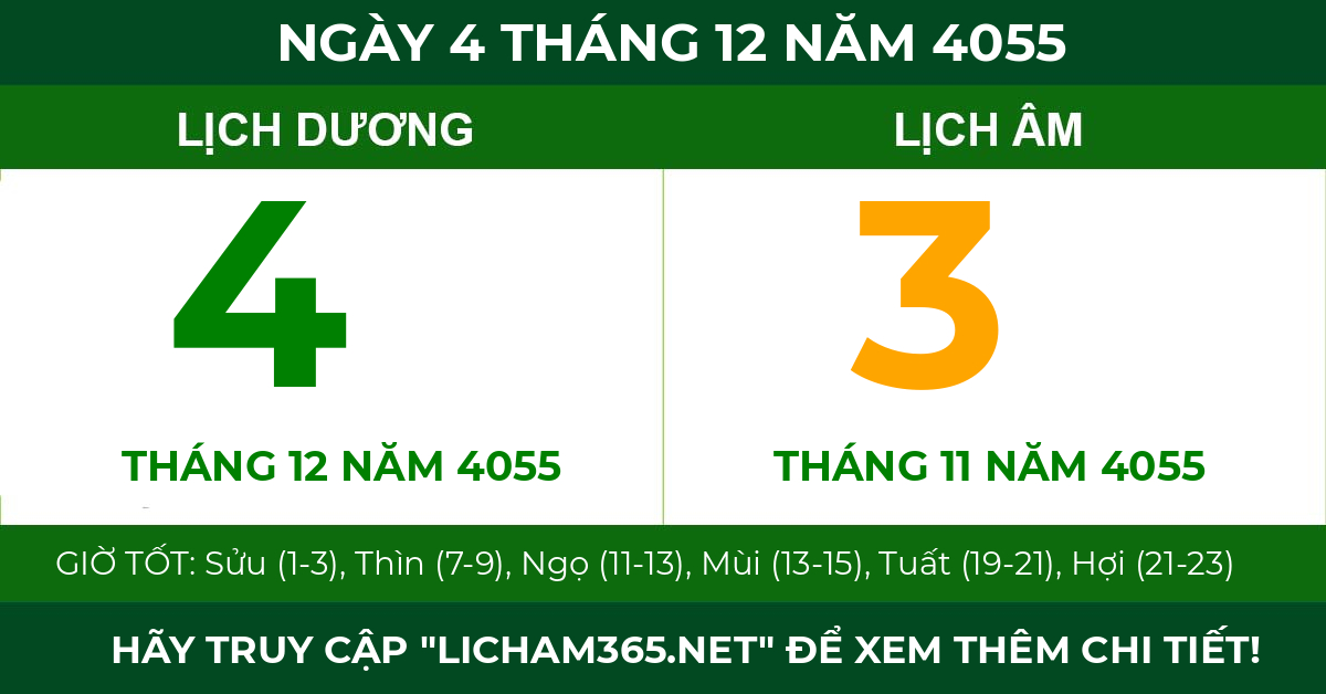 lịch âm ngày 4 tháng 12 năm 4055