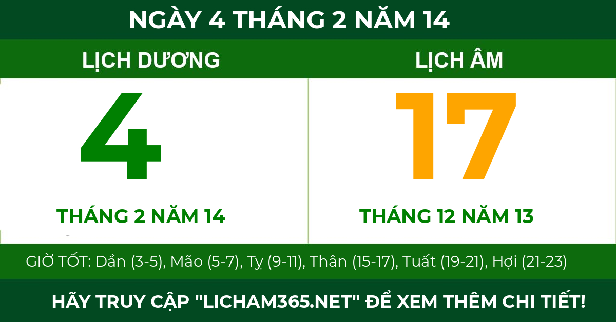lịch âm ngày 4 tháng 2 năm 14
