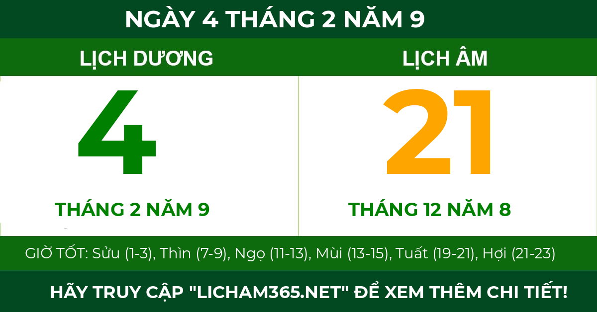 lịch âm ngày 4 tháng 2 năm 9