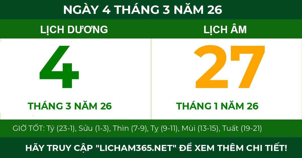 lịch âm ngày 4 tháng 3 năm 26