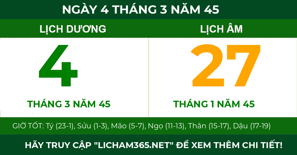 lịch âm ngày 4 tháng 3 năm 45
