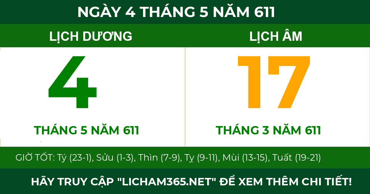 lịch âm ngày 4 tháng 5 năm 611