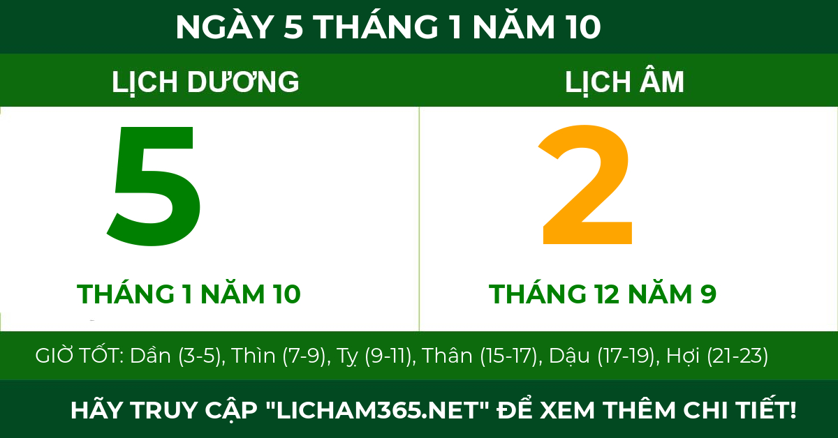 lịch âm ngày 5 tháng 1 năm 10