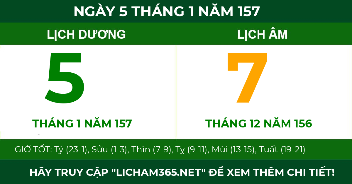 lịch âm ngày 5 tháng 1 năm 157