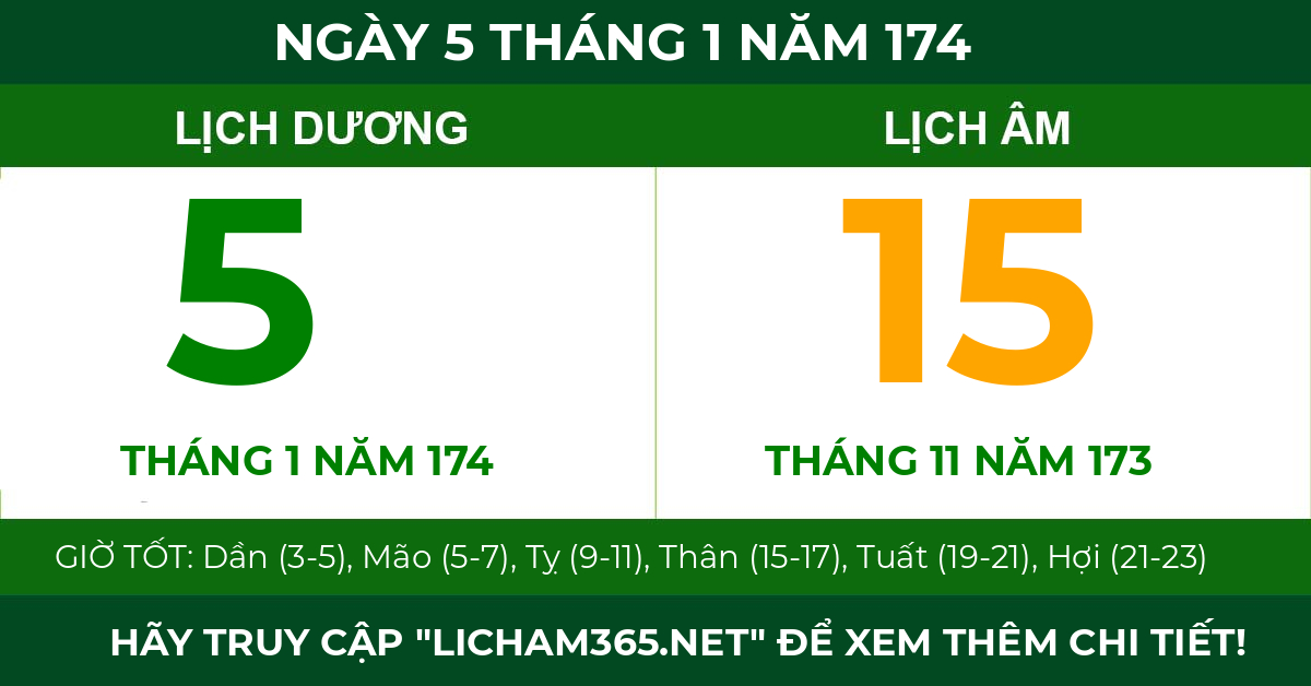 lịch âm ngày 5 tháng 1 năm 174