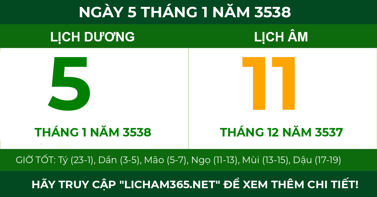 lịch âm ngày 5 tháng 1 năm 3538