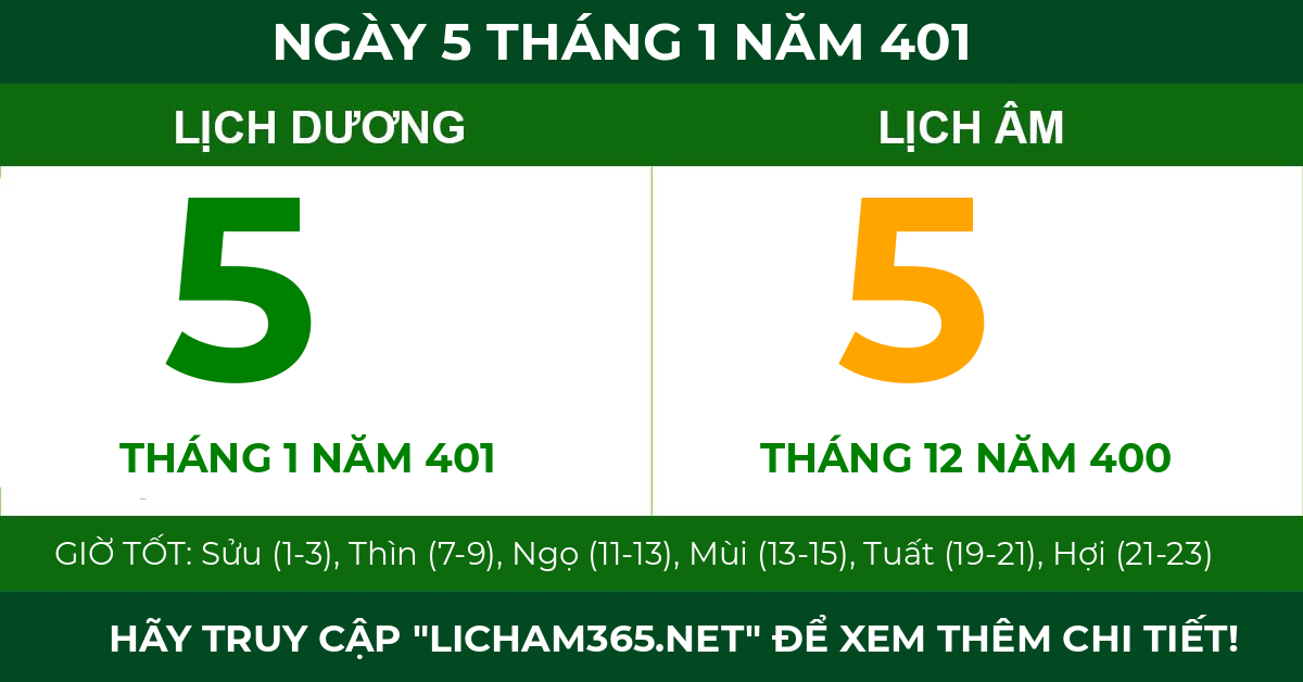lịch âm ngày 5 tháng 1 năm 401