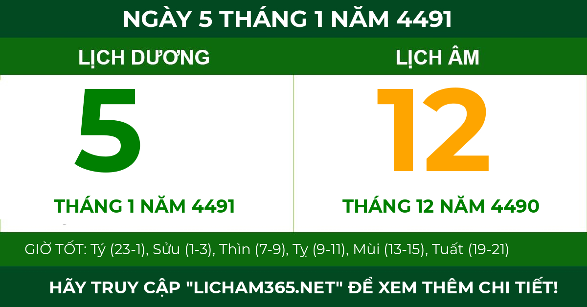 lịch âm ngày 5 tháng 1 năm 4491