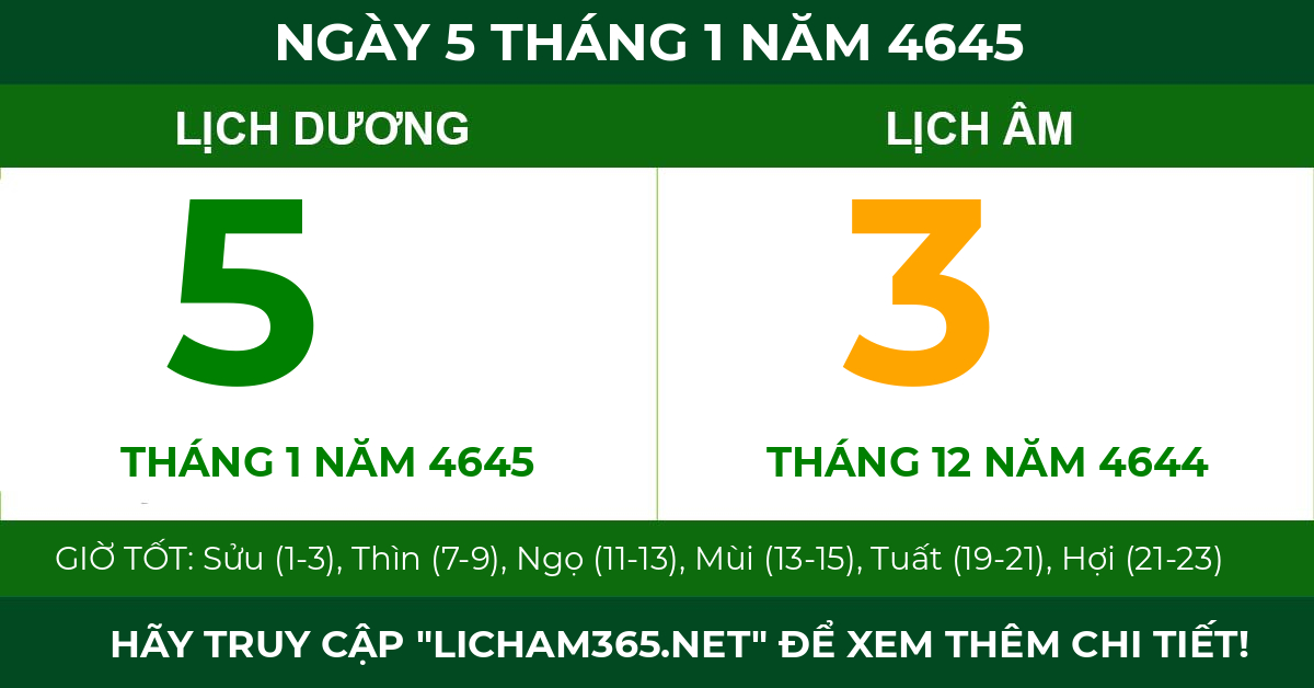 lịch âm ngày 5 tháng 1 năm 4645