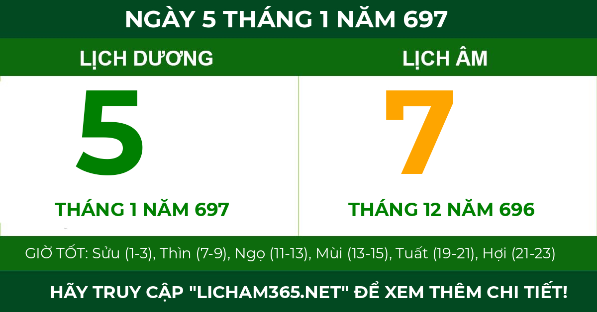 lịch âm ngày 5 tháng 1 năm 697