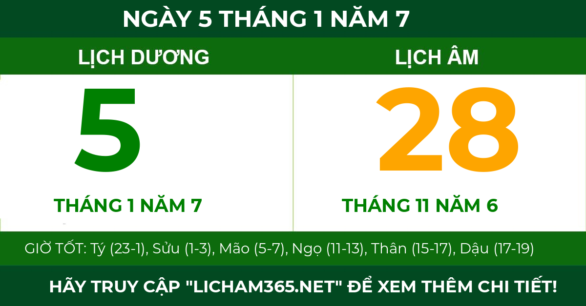 lịch âm ngày 5 tháng 1 năm 7