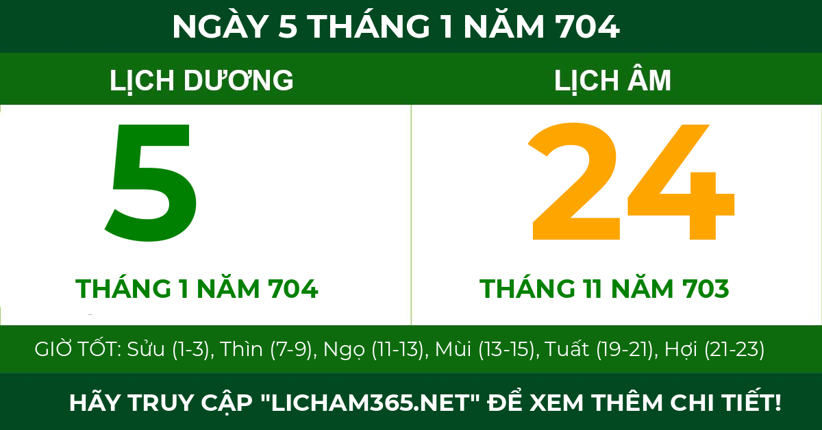 lịch âm ngày 5 tháng 1 năm 704