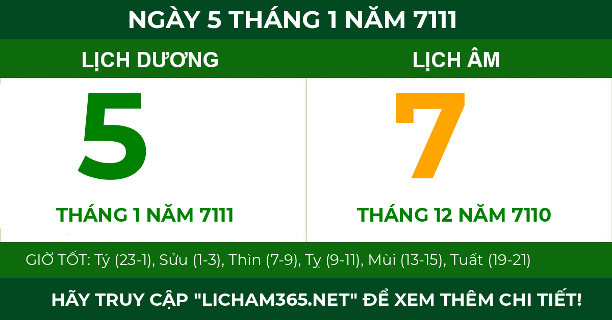 lịch âm ngày 5 tháng 1 năm 7111
