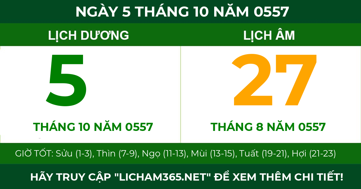 lịch âm ngày 5 tháng 10 năm 0557