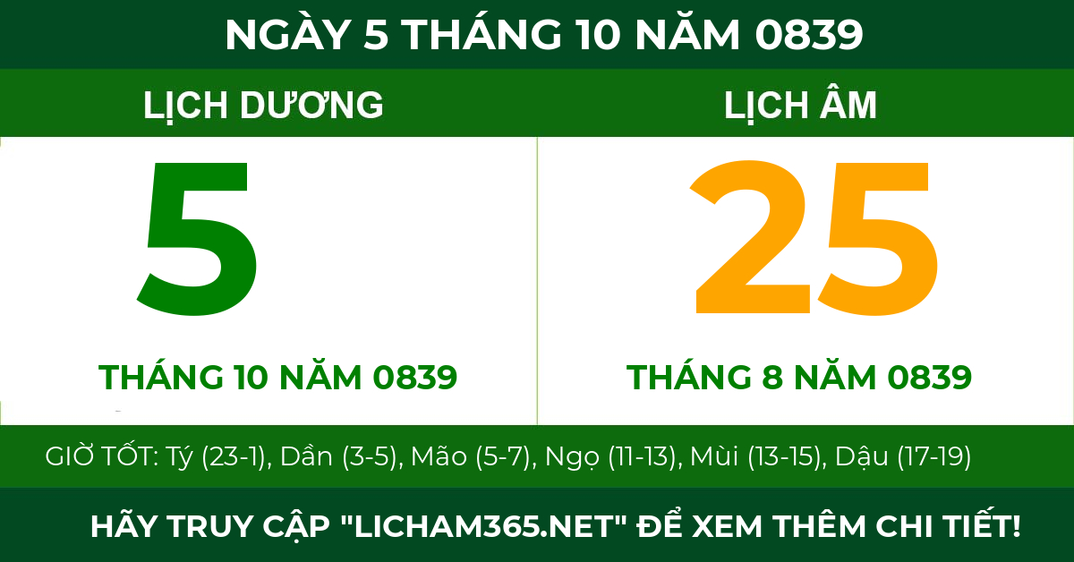 lịch âm ngày 5 tháng 10 năm 0839