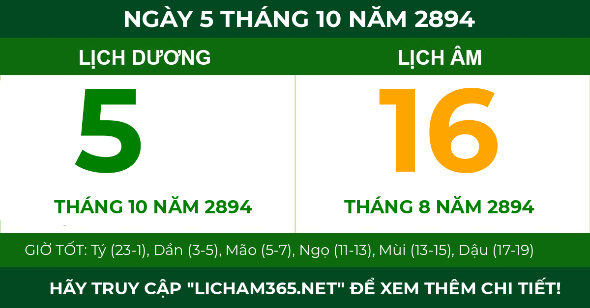 lịch âm ngày 5 tháng 10 năm 2894