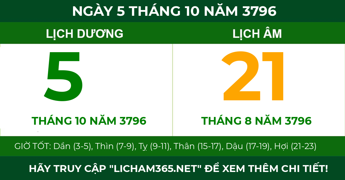 lịch âm ngày 5 tháng 10 năm 3796