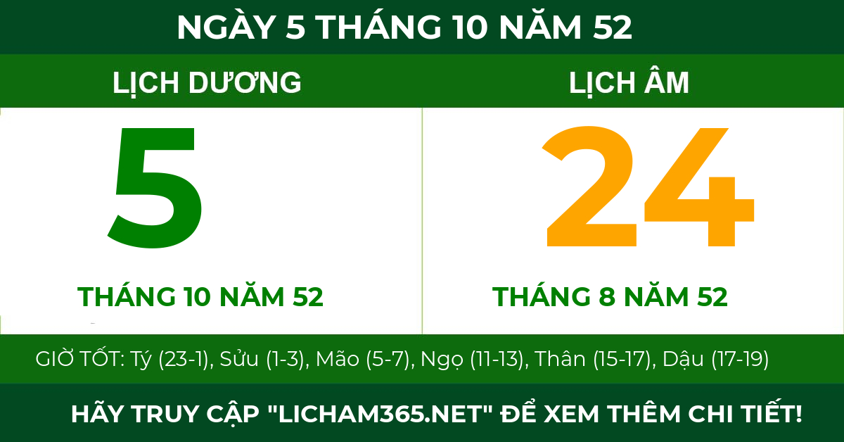 lịch âm ngày 5 tháng 10 năm 52