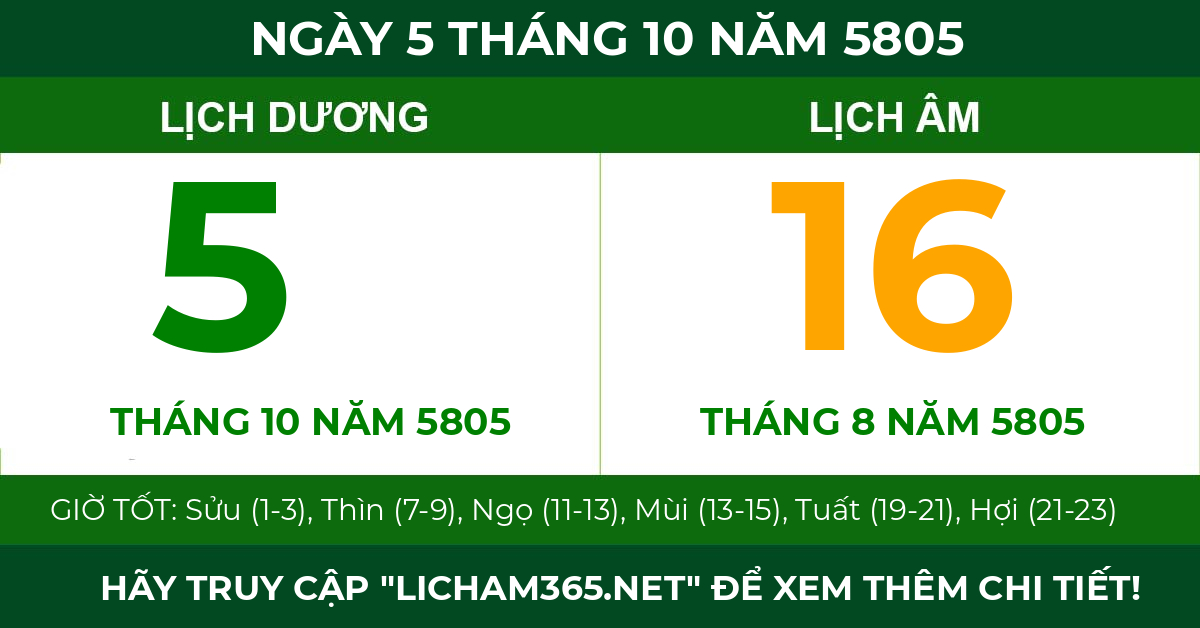 lịch âm ngày 5 tháng 10 năm 5805