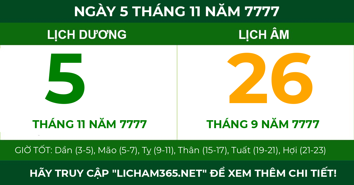 lịch âm ngày 5 tháng 11 năm 7777
