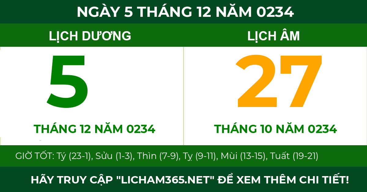 lịch âm ngày 5 tháng 12 năm 0234