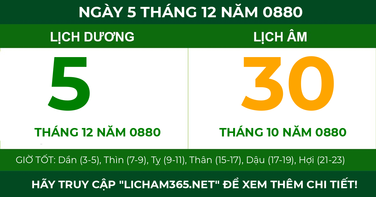 lịch âm ngày 5 tháng 12 năm 0880