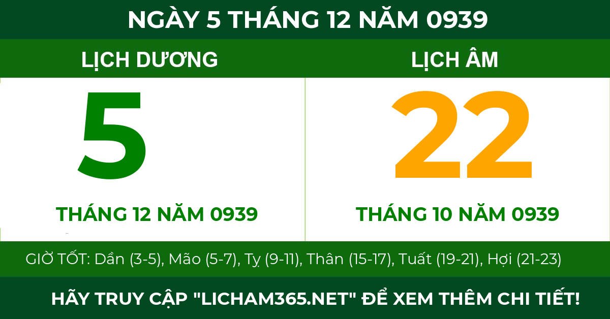 lịch âm ngày 5 tháng 12 năm 0939