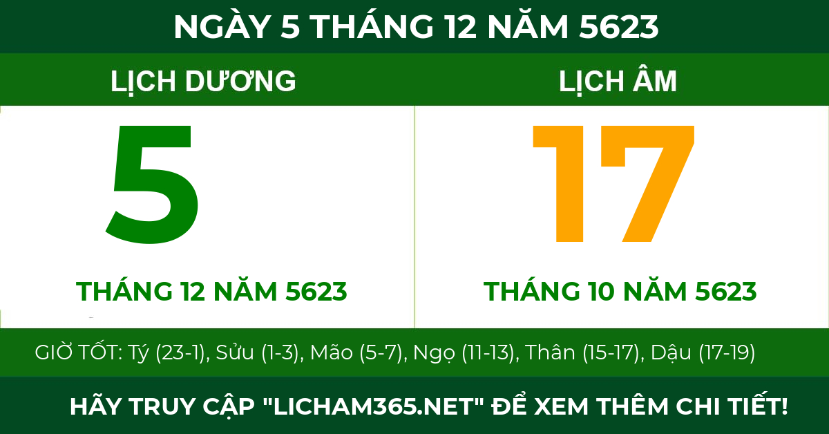 lịch âm ngày 5 tháng 12 năm 5623