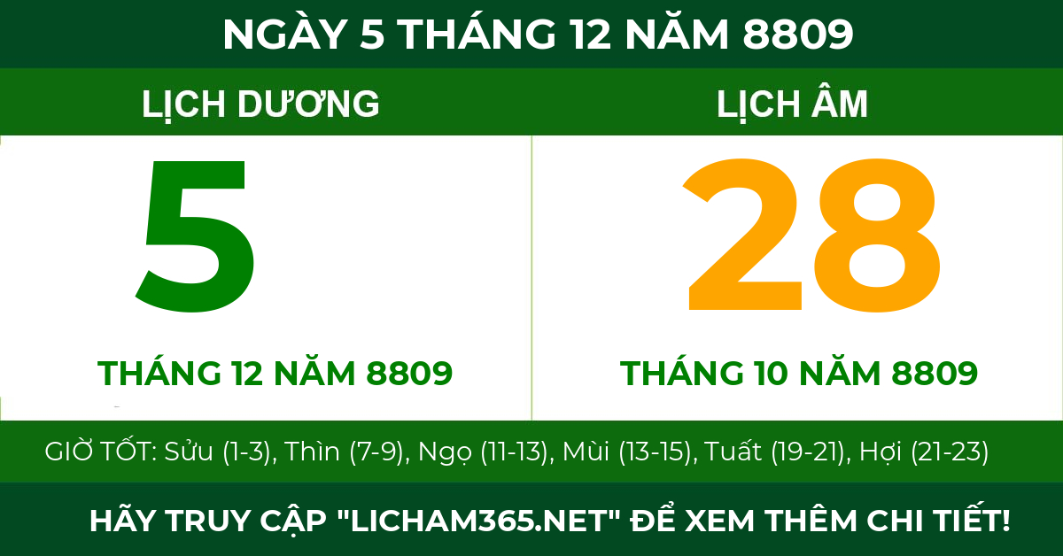 lịch âm ngày 5 tháng 12 năm 8809